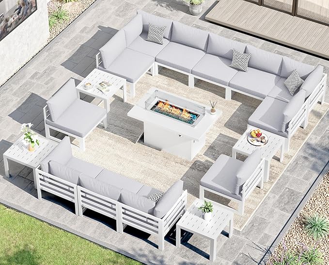 NICESOUL 17 Piece Extra Large Aluminum Outdoor Patio Furniture Set with Fire Pit Table & End Table, L Shaped Modern Sectional Couch, 29" Wide Deep Seating Conversation Sofa for Terrace, Light Gray