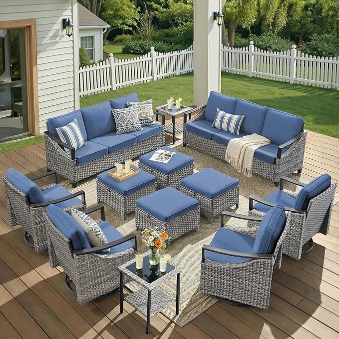12 Piece Wicker Patio Furniture Sets-High Back Wicker Swivel Rocker Patio Chairs Set of 4 with Thick Cushions Ottomans, Outdoor Sofa, Patio Conversation Sets for Porch Balcony Patio Deck Grey/Blue