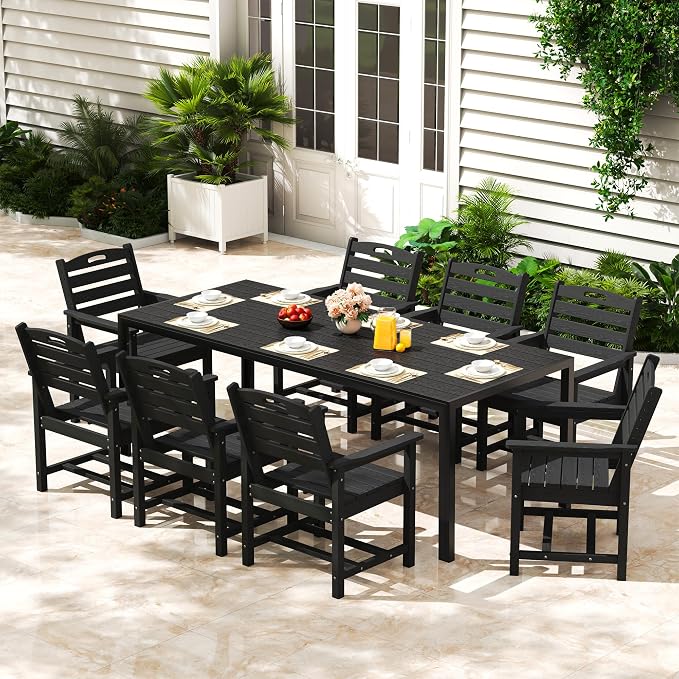 PIZZELLO 9-Piece Outdoor Patio Dining Set, 8Pcs HDPE Patio Chairs and 83" Rectangular Dining Table, All Weather Outdoor Table and Chairs Set for Backyard, Garden, Deck and Poolside