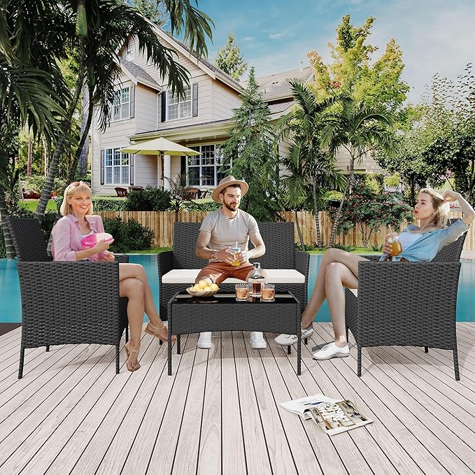 4 Pieces Outdoor Patio Furniture Sets,Wicker Rattan Conversation Sets, Bistro Patio Set with 2 Chairs,Soft Cushion,Loveseat and 1 Glass Coffee Table for Backyard Porch Garden Poolside Balcony,Black