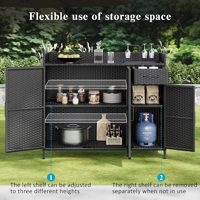 RuiSiSi Wicker Bar Table with Drawer & Adjustable Shelf for Outdoor, Rattan Buffet Cabinet Sideboard with Tempered Glass Desktop, Patio Rattan Bar Table with 3 Doors, Black Brown