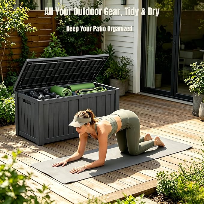 MAKINO 151 Gallon Large Resin Outdoor Storage Box, Waterproof Deck Box, Lockable Deck Container with Reinforced Support, Outdoor Chest for Patio Accessories, Outdoor Cushions, Garden Tools, Black