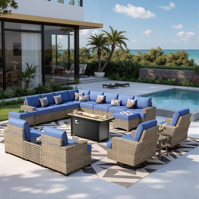 HOOOWOOO Sectional Patio Furniture Set with Fire Pit Table,17 Pieces Wicker Outdoor Furniture L Shaped Couch,Outside Conversation Set Extra Deep Sofa Wide Arm Swivel Chairs Ottoman Light,Navy Blue