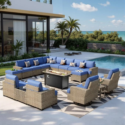 HOOOWOOO Sectional Patio Furniture Set with Fire Pit Table,17 Pieces Wicker Outdoor Furniture L Shaped Couch,Outside Conversation Set Extra Deep Sofa Wide Arm Swivel Chairs Ottoman Light,Navy Blue