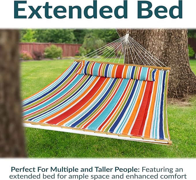 Sunnydaze Extra Large Quilted Hammock with Spreader Bars - 2-Person Hammock for Outside - Caribbean Stripe