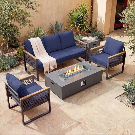 UPHA 6 Pieces Patio Furniture Set with 56" Propane Gas Fire Pit Table, Metal Outdoor Sectional Couch Set with 3-Seat Sofa, Modern Patio Conversation Set for Porch Balcony Deck, 5 Seats, Navy Blue