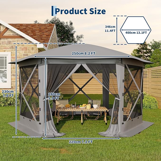 GarveeLife 13x13FT 6-Sided Pop Up Gazebo Tent，One-Push Setup Canopy Tent with Removable Canopy Top & Wind Cloths, Outdoor shelter for Camping, Backyard Parties, Outdoor Events - Grey