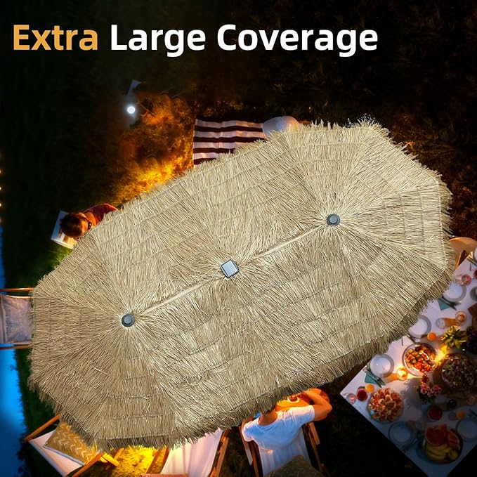 13ft Thatch Umbrella with Solar Lights Tiki Bench umbrella With Crank, Water-resistant for Bench, Patio,Pool
