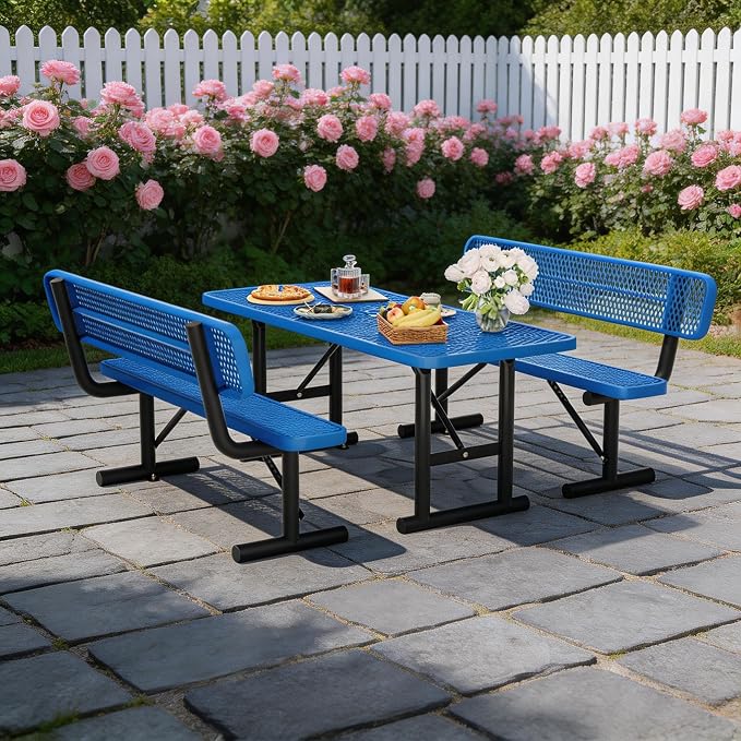 6FT Outdoor Metal Picnic Table with 2 Benches,Heavy Duty Rectangular Picnic Table Set for Outside, Waterproof Commercial Restaurant Table Furniture for Park, Campfield, Patio, Garden, Yard