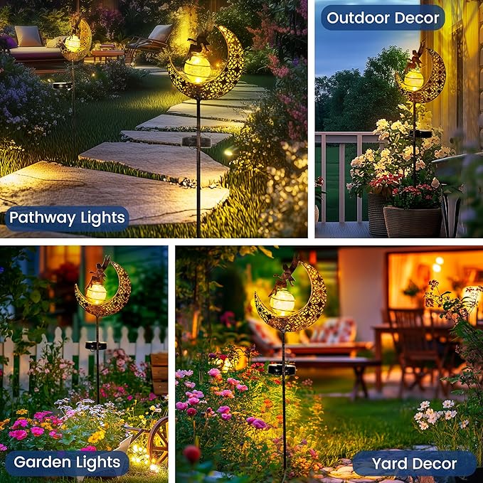 Fairy Garden Solar Lights Outdoor Decor, Moon Garden Stakes, Waterproof Outdoor Metal Decorations Gifts for Women and Mom, Art Moon Sculpture for Walkway, Yard, Patio, Garden and Porch, 2 Pack
