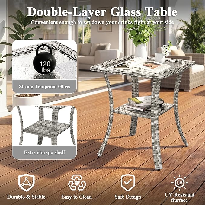 3 Piece Wicker Patio Furniture Set, Swivel Rocking Chairs with 4''Cushions, PE Rattan, Rust Resistant Frame, Double Layer Glass Side Table, for Backyard, Deck or Balcony, Black