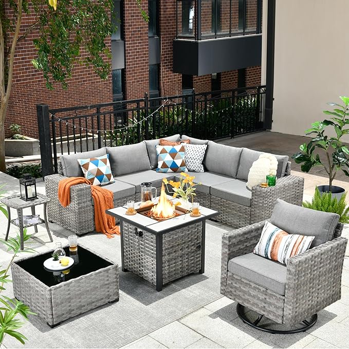 HOOOWOOO Outdoor Patio Sectional Furniture Sofa Set with Propane Gas Fire Pit Table,9 Piece Modern Wicker Couch with Swivel Chair,Modular L Shaped Conversation Seating Set with Wide Arm(Dark Grey)