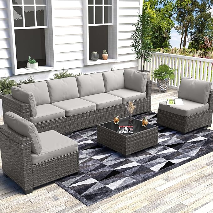 GAOMON 7-Piece Outdoor Patio Furniture Set, All-Weather Wicker Sectional Sofa with Thick Cushions and Glass Top Coffee Table, Modular Conversation Set for Garden, Balcony, Porch, Poolside