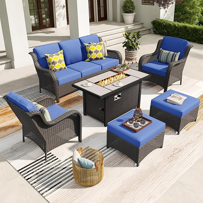ovios 6-Pieces Patio Furniture Set with 42 Inch Fire Pit Table, Outdoor Wicker Sofa Couch Ottomans Comfy Cushions, High Back Modern Conversation Set, Brown Rattan, Navy Blue