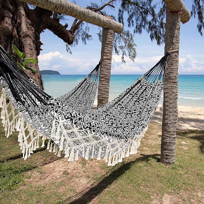 Portable Hammock with Tassel,2 Person,Brazilian Tree Hammocks with Carry Bag for Bedroom,Garden,Backyard,Patio,Outdoor and Indoor XX-Large Black/White Woven Cotton Fabric, Up to 450Lbs