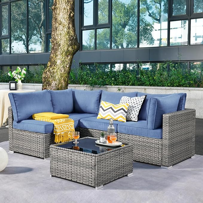 ovios Outdoor 5 Piece Coversation Set with Coffee Table,Sectional Patio Furniture Set with All-Weather Wicker Sofa,Modern Outside Couch for Balcony Backyard Pool, Blue