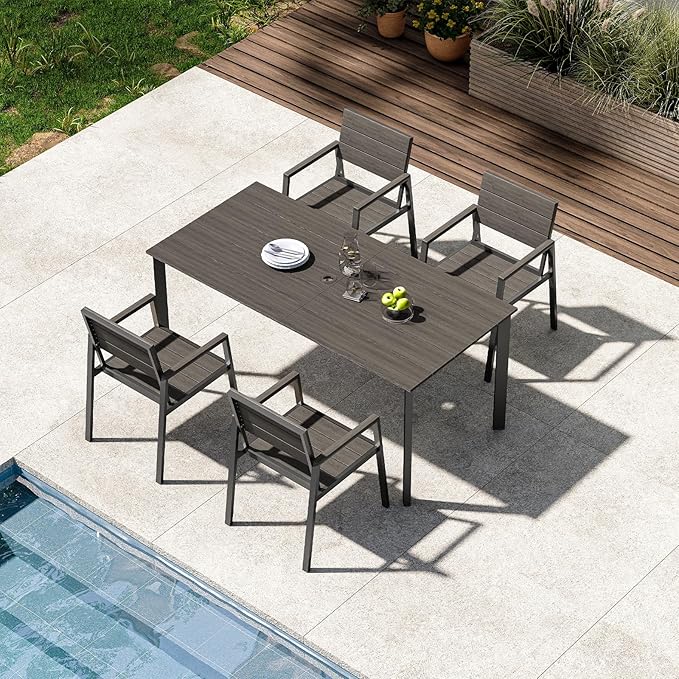 Outdoor Dining Set for 4, Aluminum Patio HDPS Outdooor Table and Chairs Set with Umbrella Hole, All Weather Patio Furniture Set, 5 Peice Patio Dining Table Set (Charcoal)
