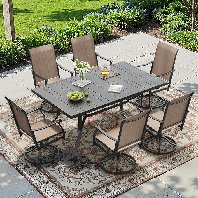 Soohow Outdoor Dining Set for 6, 7-Piece Patio Table and Chairs Set, 6 x Swivel Patio Dining Chairs with Textilene Fabric and 60"x35" Outdoor Table with 1.57" Umbrella Hole for Backyard, Poolside