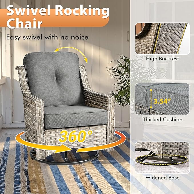 9 PCS Outdoor Patio Furniture Sets,Patio Conversation Sets Outside Rattan Soft Cushion Sofa with 2 Wicker Rocking Chairs & 54 in Fire Pit Table Fit Backyard Porch Garden Poolside Balcony,Dark Grey