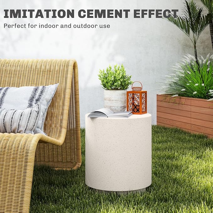 HOMCOM Concrete Finish Side Table, Lightweight Accent Table, 17" Patio Round Stump End Table with 4 Adjustable Feet for Indoor, Outdoor, Cream White