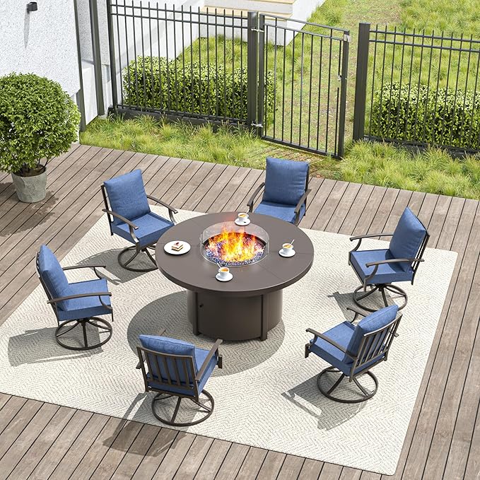 7 Pieces Outdoor Patio Furniture Set with 48" Round Propane Fire Pit Table,Patio Dining Set Outdoor Conversation Sets 6 Swivel Chairs for Deck,Backyard and Garden,Dark Blue