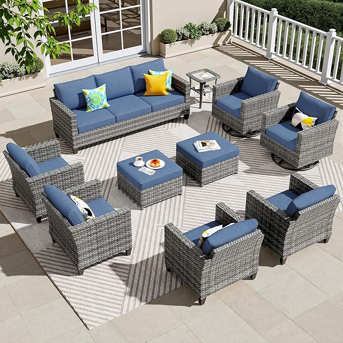 ovios 10 Pieces Patio Furniture Set, Outdoor Wicker Sofa Couch with Swivel Chairs, Rocking Glider Rocker with Comfy Cushions All Weather Rattan Conversation Set, Denim Blue