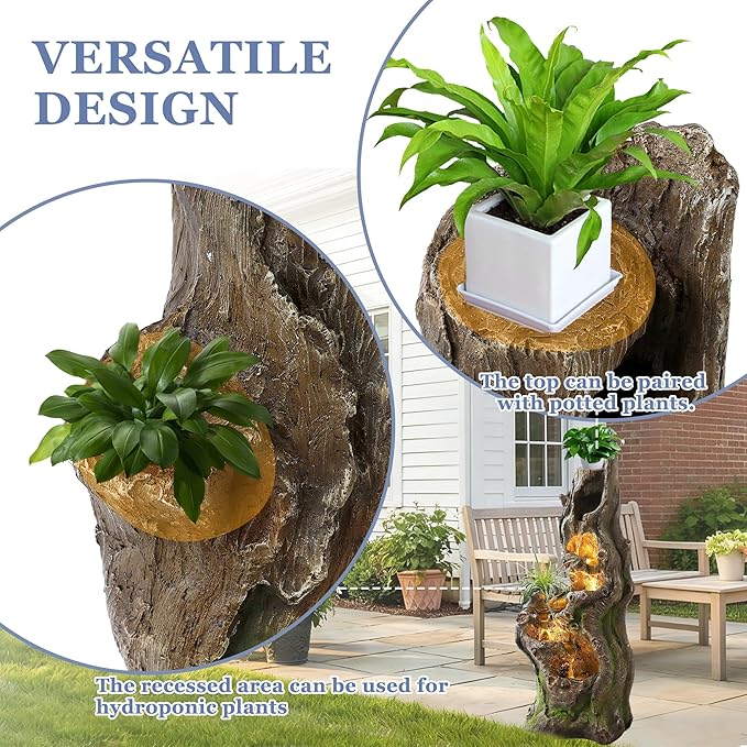 Grepatio Outdoor 6-Tiers Water Fountain, Cascading Water Fountain for Outside with 5 LED Lights, 40" H Large Outdoor Fountains with Waterfall for Garden, Yard, Deck Decor with Natural Tree Trunk Look