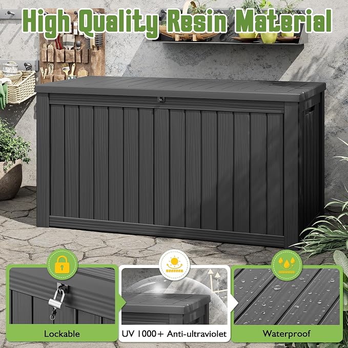 Outdoor Storage Box, 160 Gallon Deck Box with Lockable Lid, Waterproof Resin Storage Bin for Cushions, Garden Tools, Patio Furniture, Black