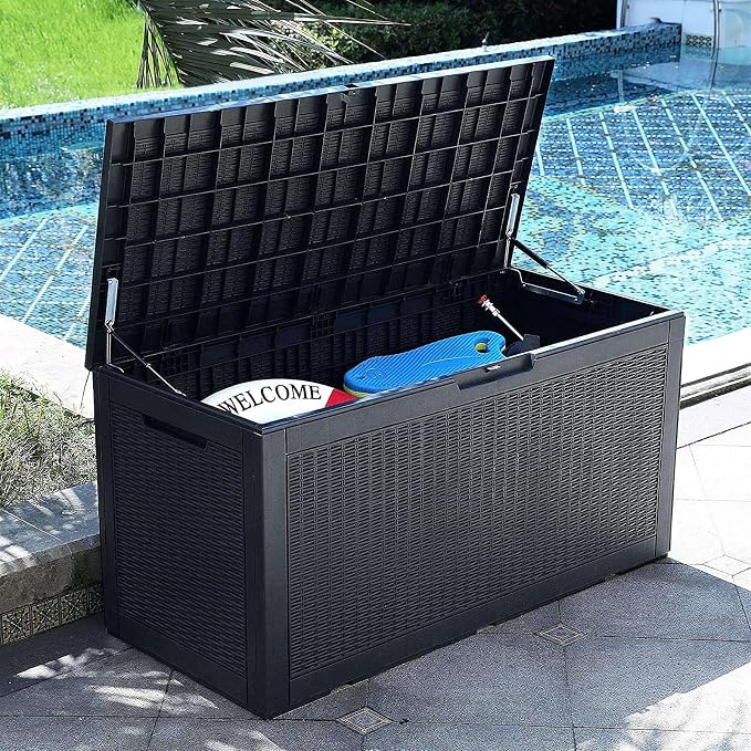 Modern-Depo 100 Gallon Deck Box Waterproof Outdoor Storage Bench | Polypropylene PP Garden Tools Pool Towel Storage Bin Porch Delivery Box, Black