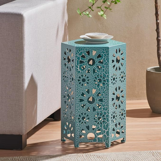 12" Outdoor Side Table, Decorative Cutout Metal Side Table, Multi Functional - Coffee Table, Night Stand, Plant Stand for Patio, Garden, Backyard, Gazebo Indoor (Teal)