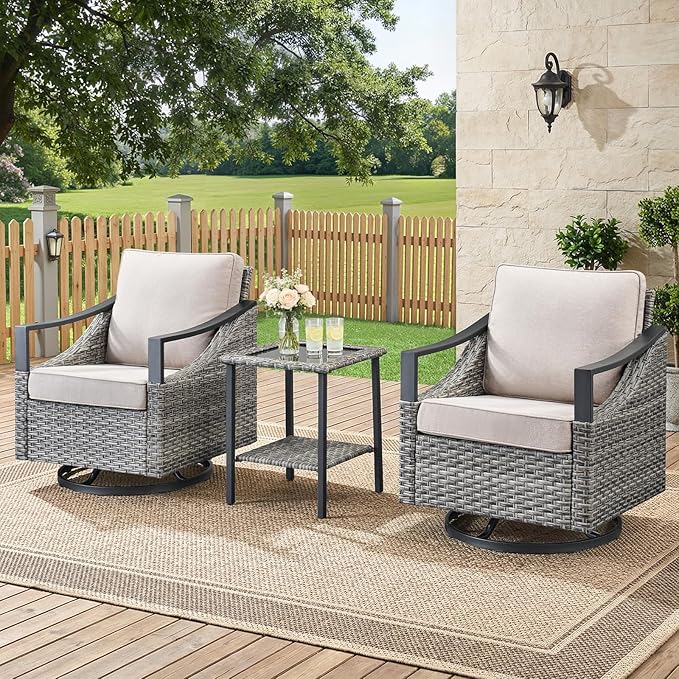 3 Pieces Wicker Patio Furniture Set-High Back Swivel Patio Chairs Set of 2 with Rattan Side Table, PE Wicker Outdoor Patio Furniture Sets with Covered Cushions for Porch Deck Garden Grey/Beige