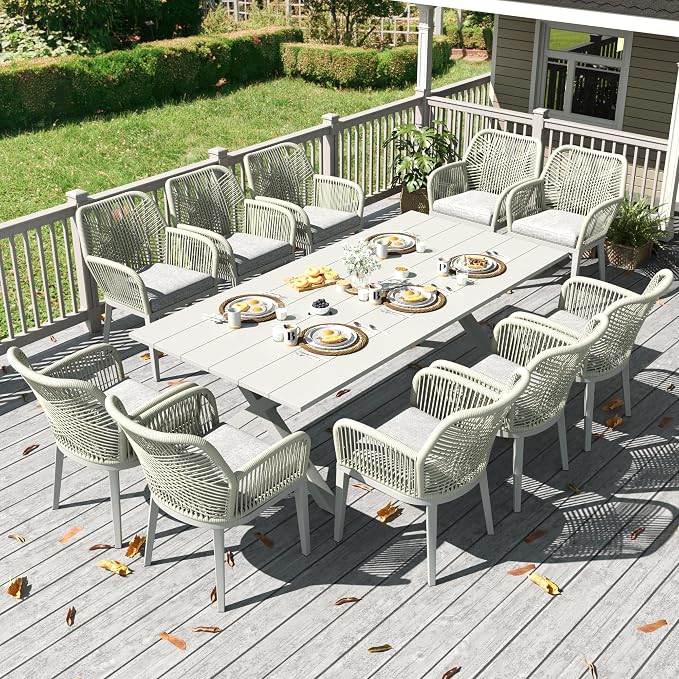 LayinSun Outdoor Dining Set for 10, 11 Pieces Patio Furniture Sets with Aluminum Dining Table and Rope Weave Chairs