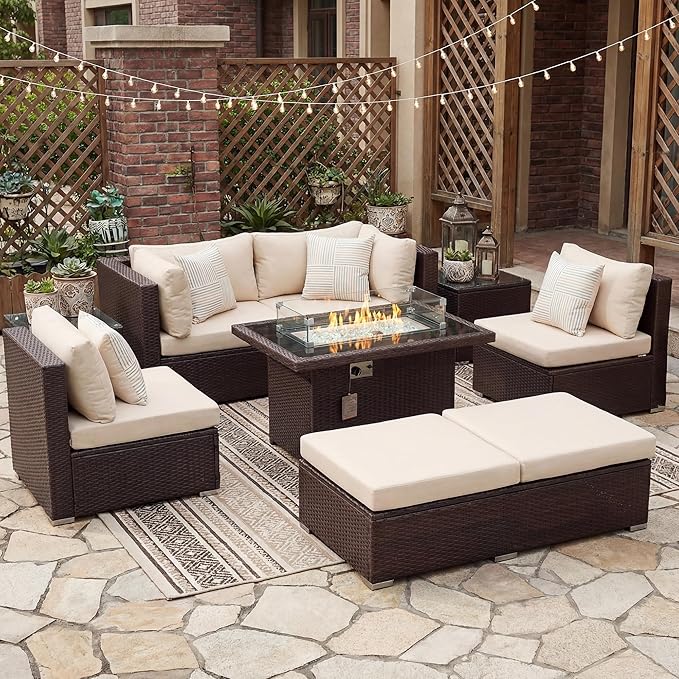 BULEXYARD 7 Piece Highback Patio Furniture Set with Fire Pit Table, Modern Modular Outdoor Sectional Couch Sofa with Ottoman, 6-Person Backyard Seating for Outside, Deck, Brown Wicker & Beige Cushion