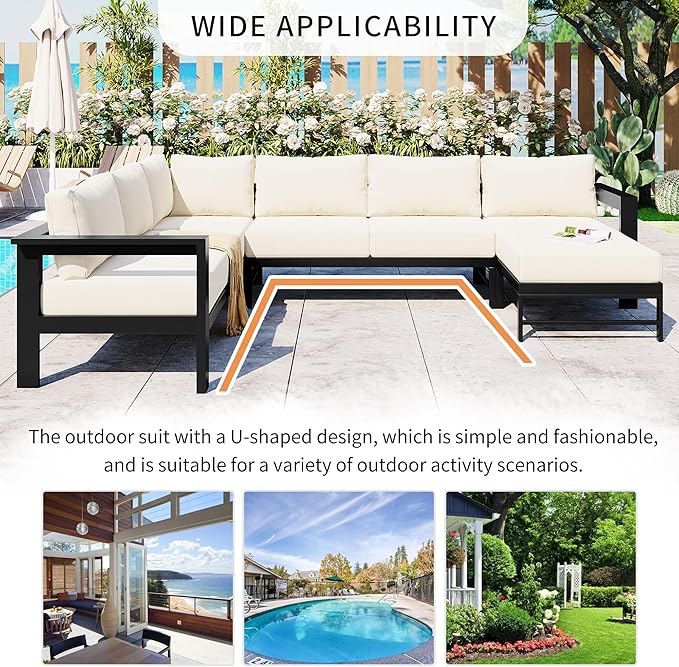 LUMISOL Patio Furniture Set, U-Shaped Outdoor Sofa Set for 6 Persons, All Weather Patio Conversation Set with Water Resistant Cushions for Garden, Backyards, Poolside, White