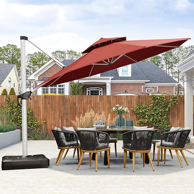 PURPLE LEAF 13 FT Cantilever Patio Umbrellas with Base Included, Large Round Offset Umbrella with 360° Rotation, Outdoor Aluminum Pool Umbrella for Pool Lawn Garden, Brick Red