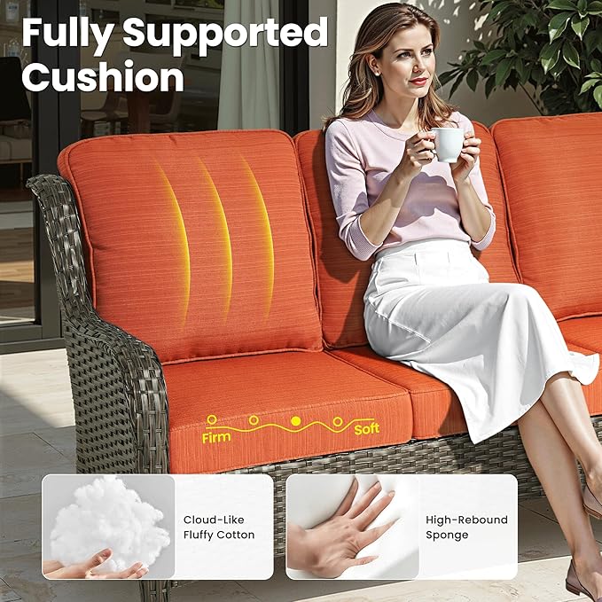 ovios 7-Piece Patio Furniture Set with Swivel Chairs Coffee Table, Outdoor Wicker Sofa with 54" Fire Pit Table, High Back Couch Modern Conversation Sets, Brown/Orange Red