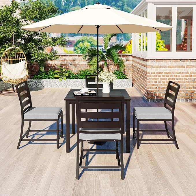 5-Piece Patio Dining Table Set, Steel and Acacia Wood Four-Person Dining Table and Chairs, Modern Conversation Furniture for Courtyards, Balconies, Lawns (Dark Brown/Outdoor, 5 Piece)