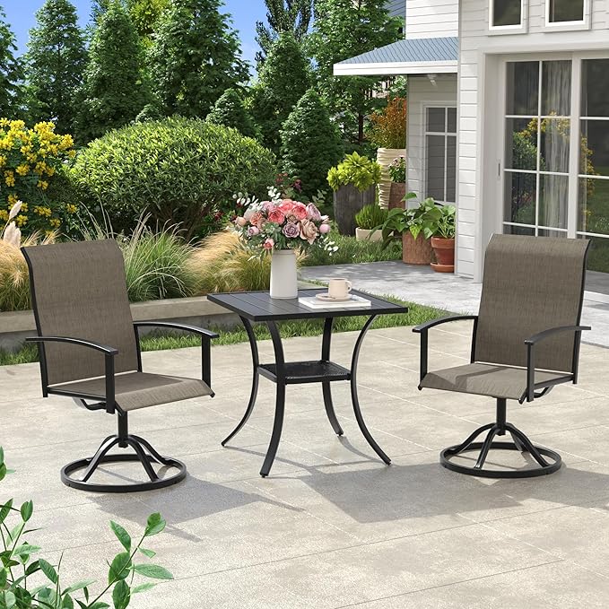 VICLLAX Outdoor Table and Chairs Set for 2, Small Patio Dining Set with 27.5" Metal Square Patio Table & 2 Swivel Outdoor Dining Chairs for Backyard Lawn Porch Garden, Mixed Brown & Black