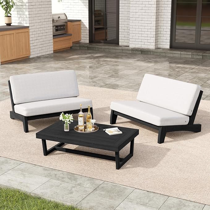 3 Pieces Patio Furniture Sets, All-Weather Outdoor Wood Bistro Set Patio Conversation Coffee Table Chiars and Patio Loveseat for Balcony, Backyard