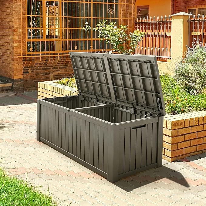 Fancyango 200 Gallon Outdoor Deck Box Waterproof, Large Storage Box for Patio, Resin Storage Bench Lockable for Garden Tools, Package Delivery, Grey