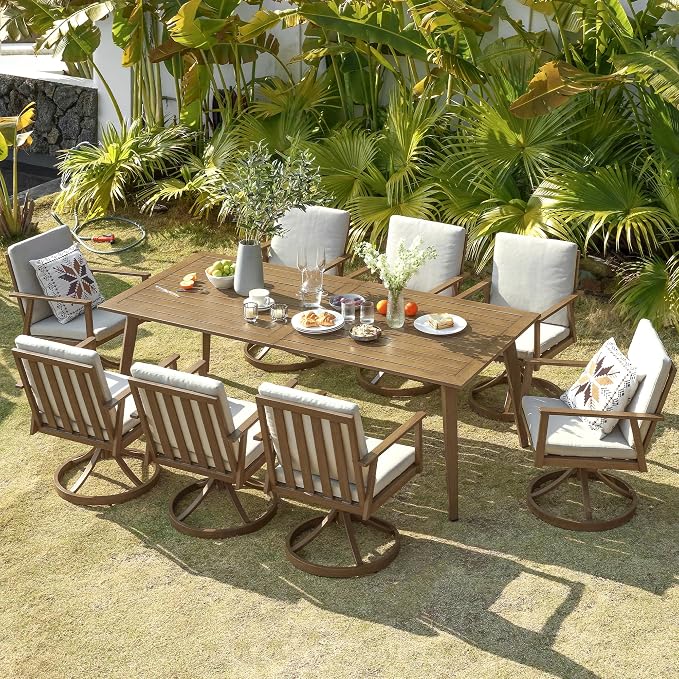 9 Pieces Patio Dining Set for 6, Aluminum Outdoor Dining Table Sets with Umbrella Hole, Modern Outdoor Patio Furniture Set with 8 Swivel Chairs and Table for Backyard, Poolside and Deck,Teak