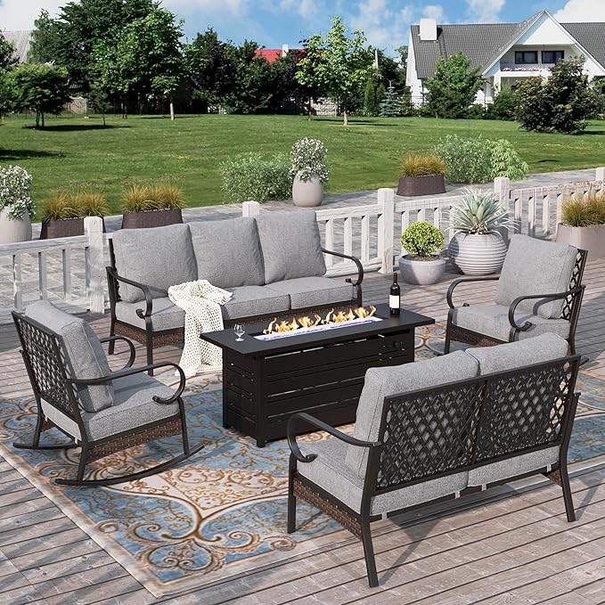 HERA'S HOUSE 5 Piece Metal Patio Furniture Set with 56" Fire Pit Table, All Weather Outdoor Conversation Set, 3 Seat Sofa with Loveseat, 2 Rocking Chair, Seats 7 for Backyard, Garden, Deck, Grey