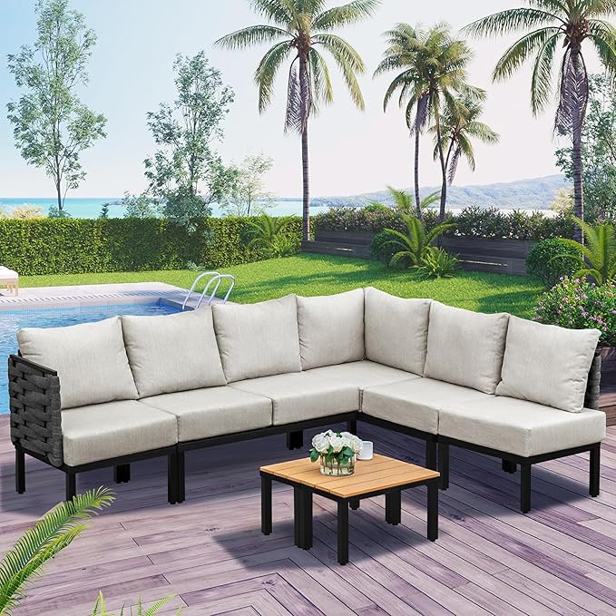 PIZZELLO 8 Pieces Outdoor Patio Furniture Sets, Outdoor Conversation Sets Sectional Sofa with 6" Thick Cushions and 2 Coffee Tables, Convertible Modular Patio Sofa for Backyard, Garden, Deck