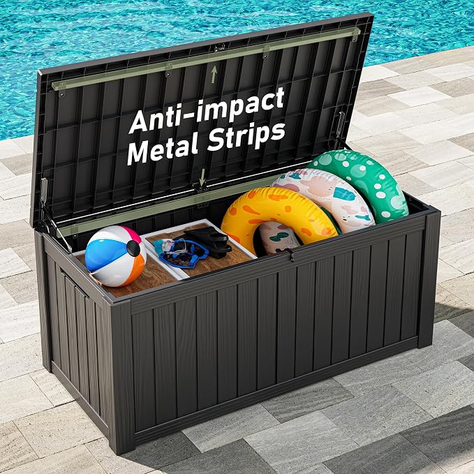 Outdoor Storage Box, 155 Gallon Resin Deck Boxes Outdoor Waterproof For Patio Furniture, Garden Tools, Pool Supplies, Lockable And UV Resistant (Striped Black)