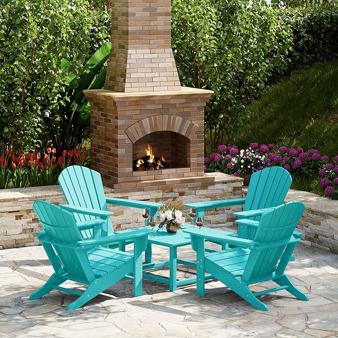 Costaelm Patio Conversation Set, Patio Chairs Set of 5 Balcony Firepit Furniture Outdoor Adirondack Square Table and Chair Backyard Furniture Set for Lawn Porch Pool Garden, Turquoise