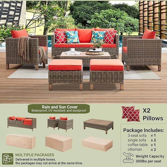 Sectional Sofa with Metal Top Coffee Table, 6 Pieces Conversation Set Reinforced Wicker Rattan Outdoor Furniture for Garden, Patio, Poolside, Porch PE Rattan Sofa (Red)