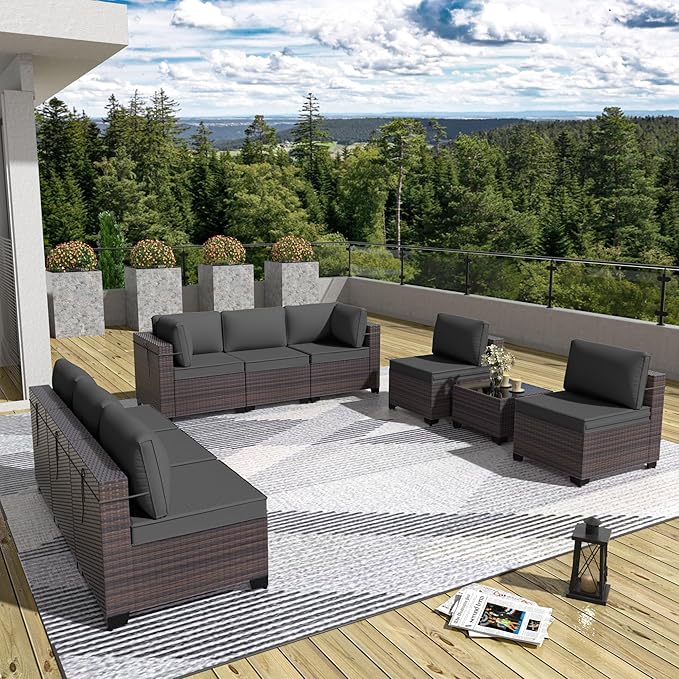 Patio Furniture Set 9 Pieces Outdoor Sectional Sofa Set,All Weather Wicker Patio Sofa PE Rattan Patio Conversation Set w/Cushions and Glass Coffee Table,Grey