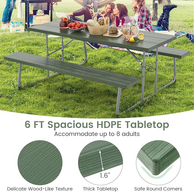 Giantex Folding Picnic Table - 6 FT Outdoor Table Bench Set for 8 Persons w/All-Weather HDPE Tabletop, Metal Leg, Umbrella Hole, Large Outside Dining Table for Patio Garden Yard Poolside (Green)