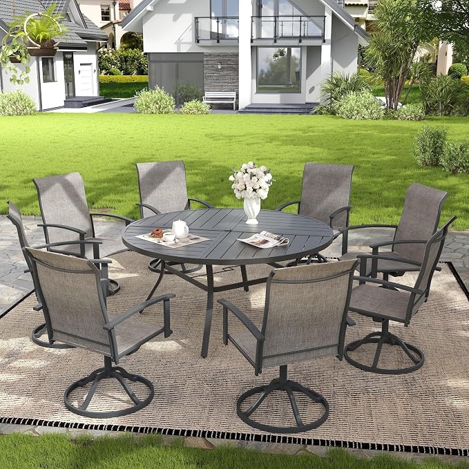 VICLLAX 9 Pieces Patio Outdoor Dining Set, 8 Swivel Textilene Chairs and 60" Round Metal Table with Umbrella Hole for Porch, Deck, Garden, Dark Gery/Grey