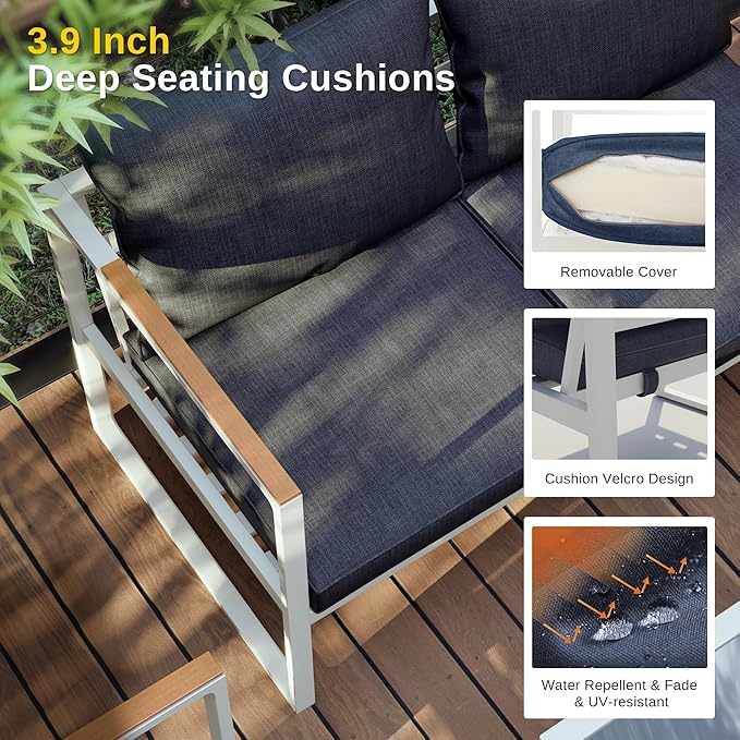 East Oak Patio Furniture Set, 4-Piece Outdoor Patio Set with Sofa, Removable & Washable Seating Cushion, Tempered Glass Table, Outside Patio Conversation Sets, Ivory White & Navy Blue